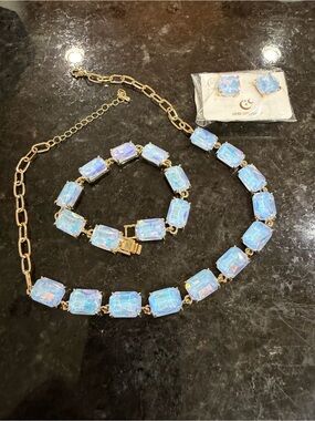 Gold-Tone Opalescent Blue Crystal Necklace, Earring & Bracelet Set